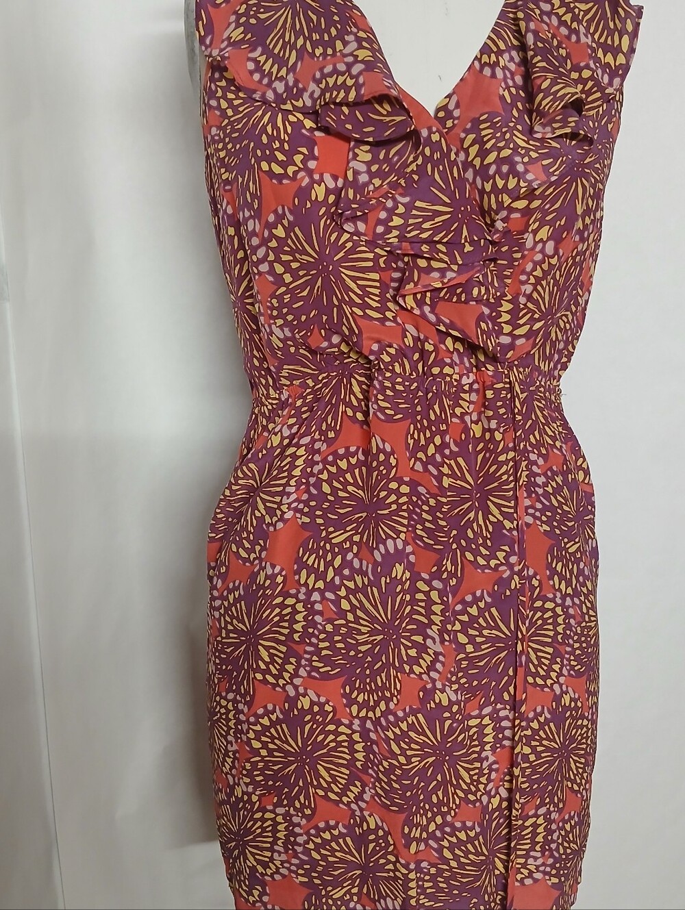 Sleeveless Ruffle V-Neck Mini Dress in Coral and Purple